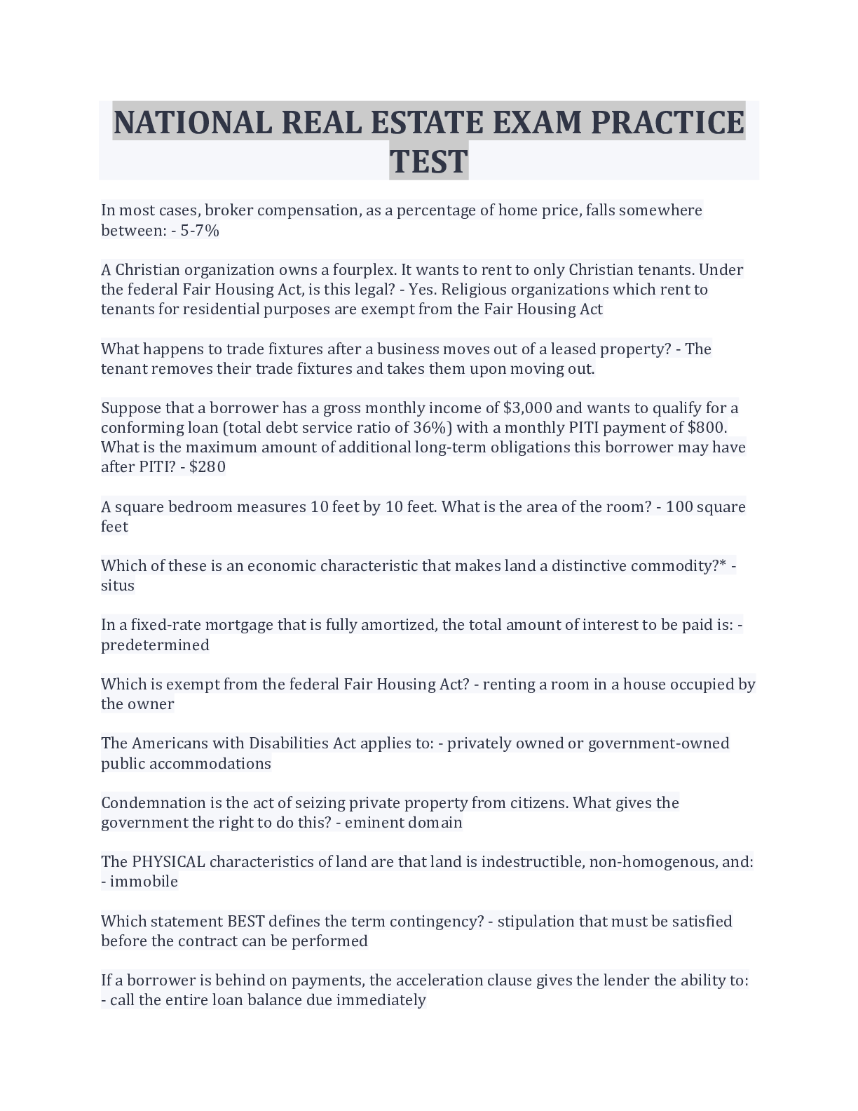 Preview image for NATIONAL REAL ESTATE EXAM PRACTICE TEST QUESTIONS AND ANSWERS